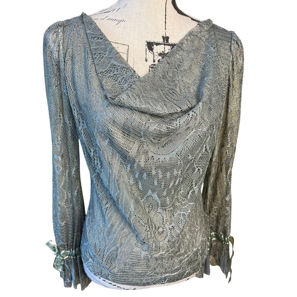 Vera Cristina Lace Metallic Blouse Green Size M Ribbon Bell Sleeves Party NEW